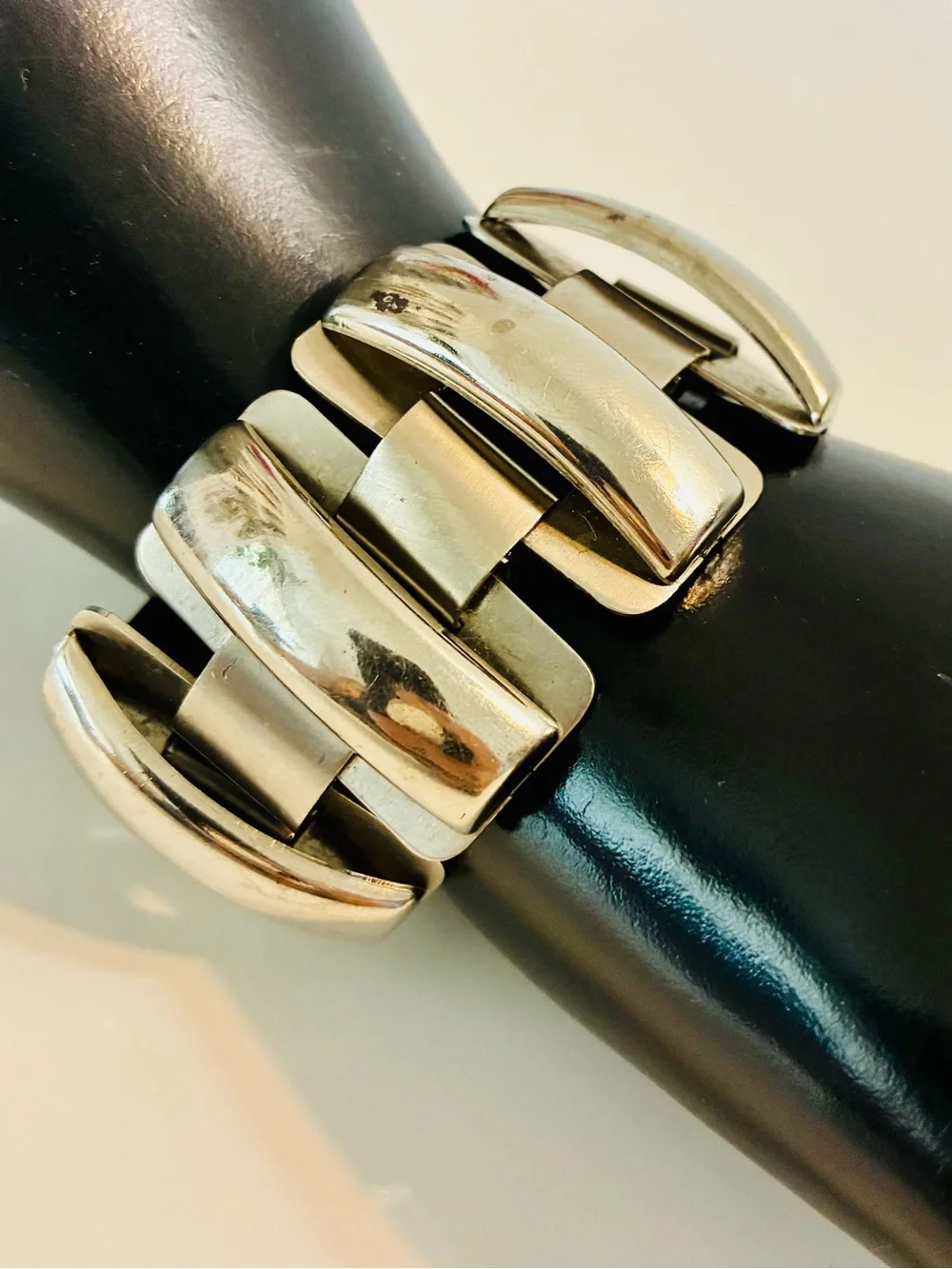 Silver-Tone Wide H-Link Bracelet Domed Rectangular Panels MCM Retro